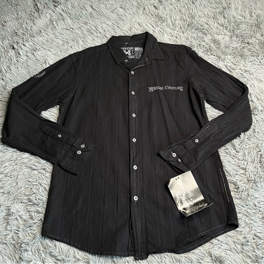 Xtreme Couture Shirt Mens Small Button Down Graphic Sword Black Dress Shirt NWT
